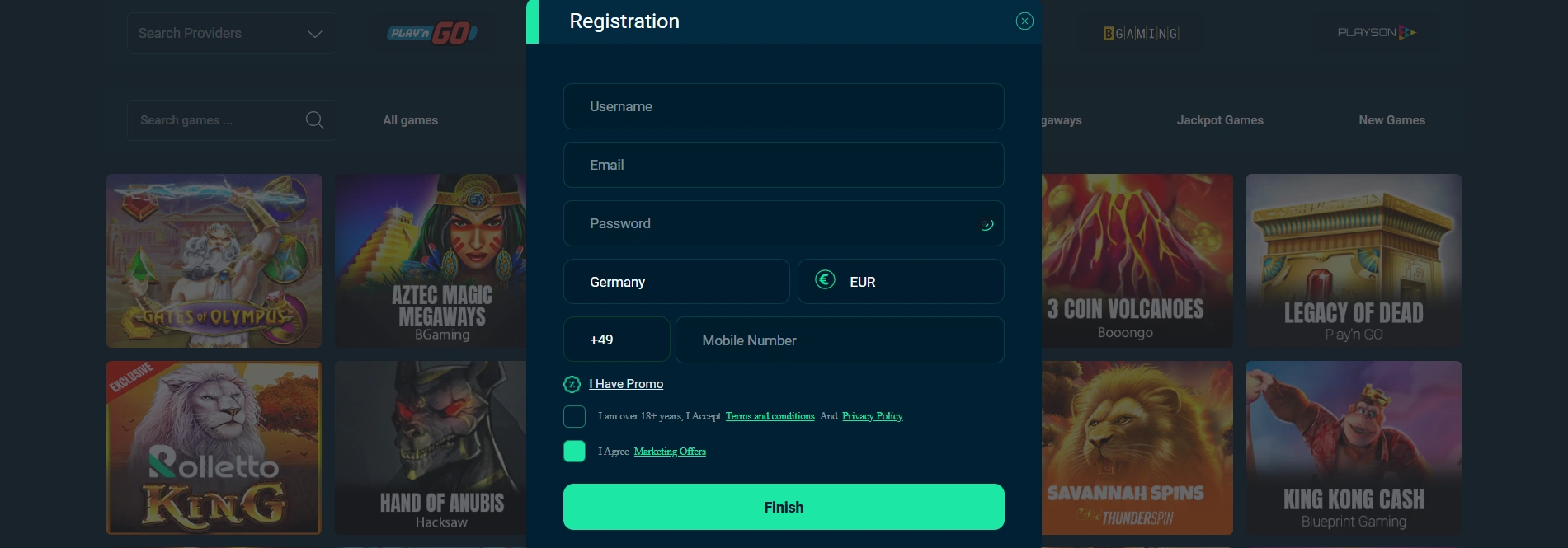 Rolletto Casino registration form for UK players
